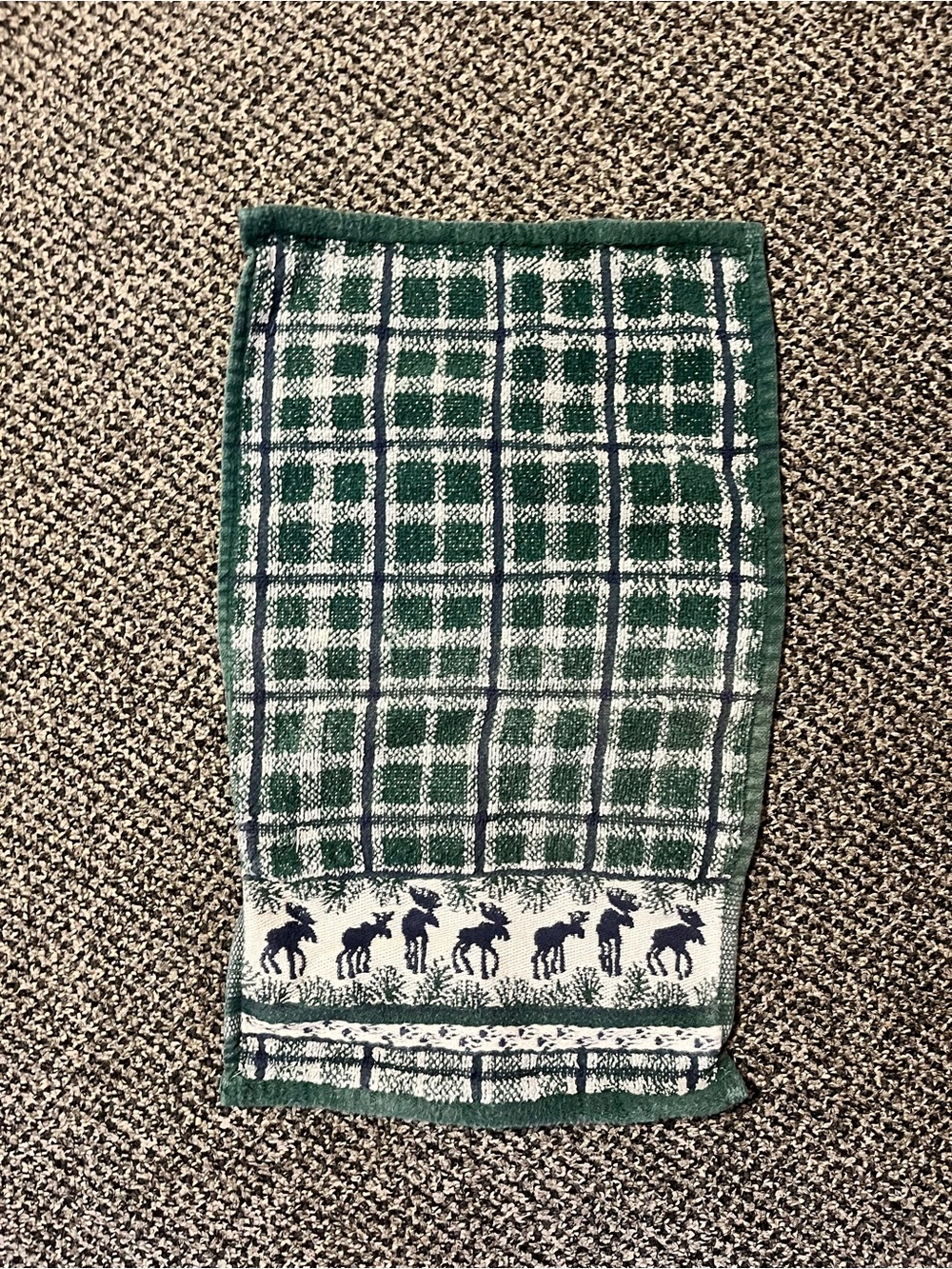 Vintage Cottagecore Green Plaid Moose Hand Towel Linen 9x15 (2688)